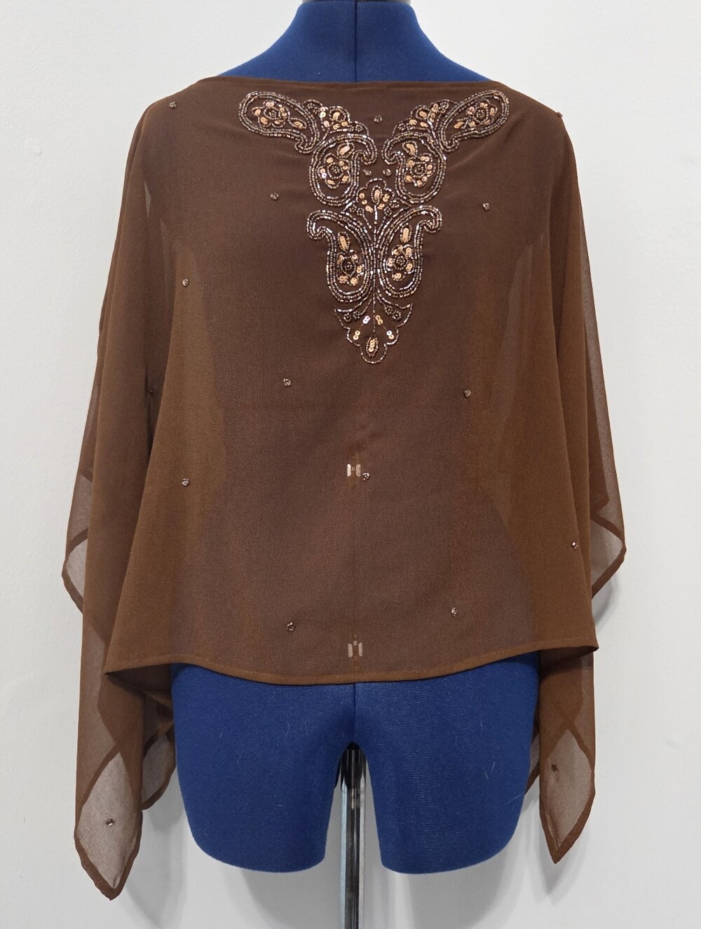 Vintage Y2K Brown Chiffon Beaded Poncho One Size